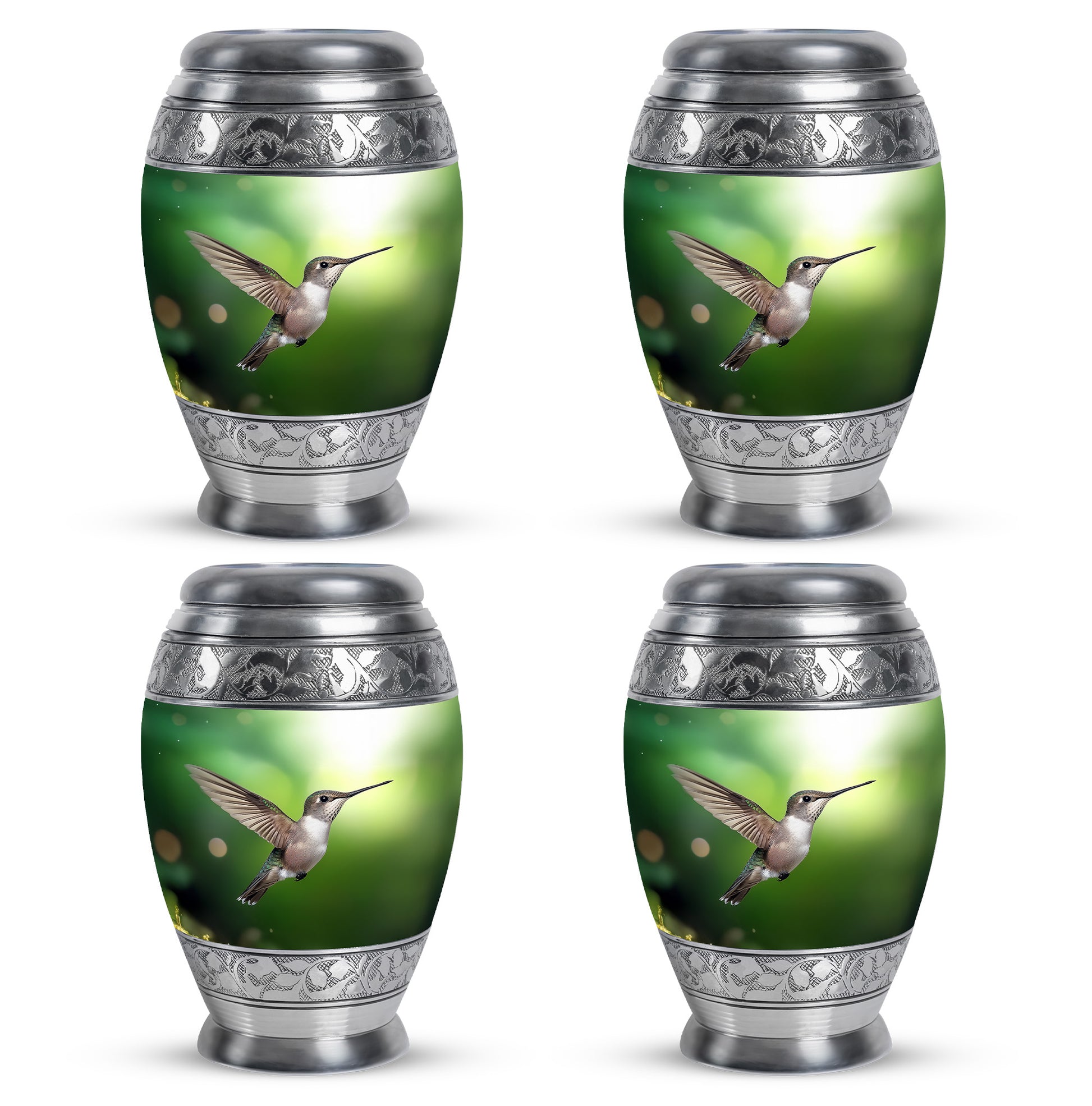 Verdant Green Hummingbird Cremation Urn urn with complimentary velvet bag - ornate monarch-style hummingbird relief on brushed aluminum - 10 inch aluminum urn for cremated remains