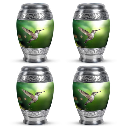 Verdant Green Hummingbird Cremation Urn urn with complimentary velvet bag - ornate monarch-style hummingbird relief on brushed aluminum - 10 inch aluminum urn for cremated remains