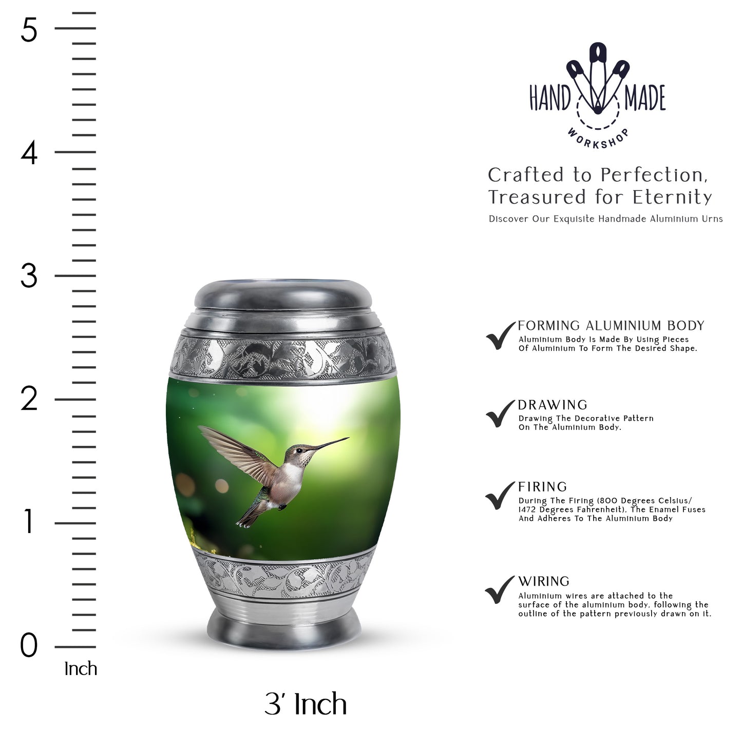 Hunter Green Hummingbird Cremation Urn lifestyle display on memorial shelf - majestic hummingbird pattern with filigree border - mini keepsake memorial for portion of cremation ashes
