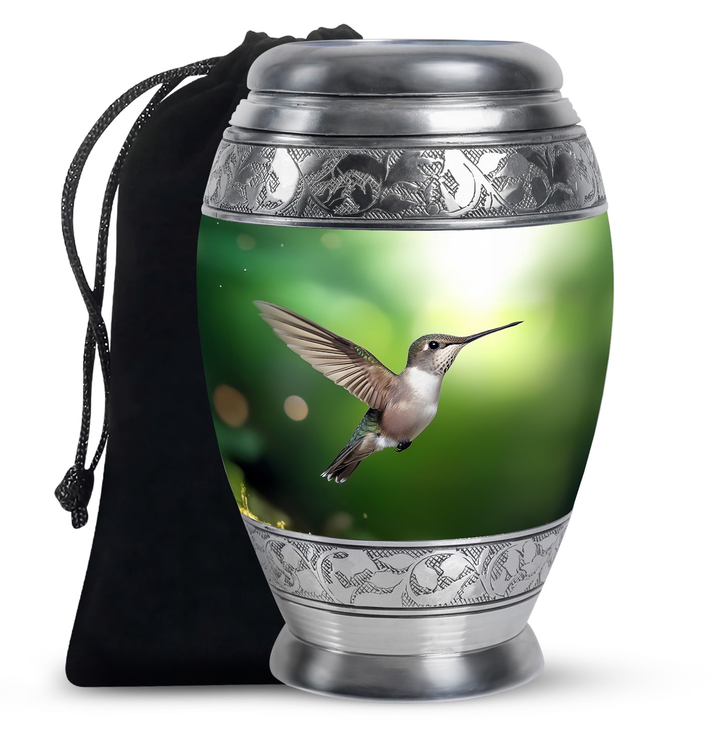 Mint Green Hummingbird Cremation Urn back view with polished surface - royal hummingbird engraving with decorative scrollwork - full-size 10 inch 200 cubic inch adult cremation urn