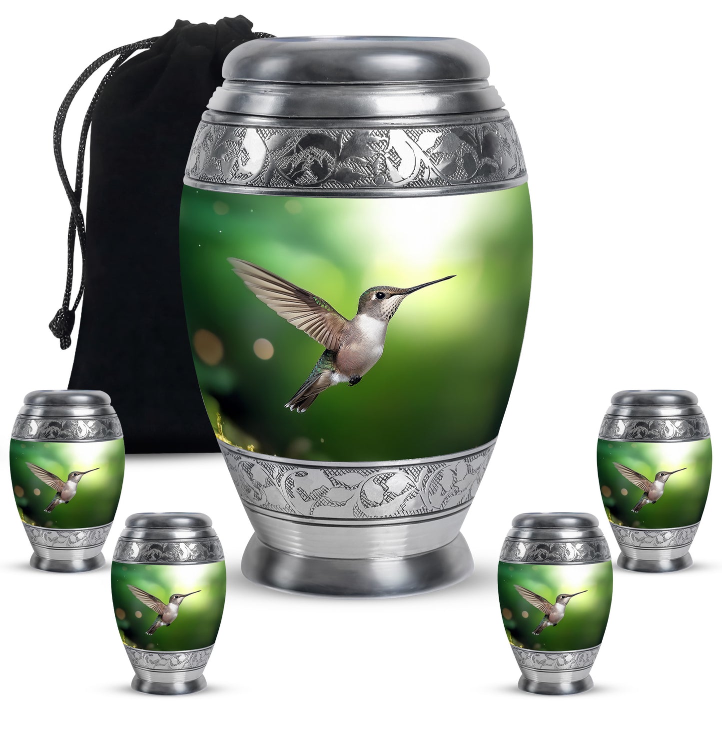 Verdant Green Hummingbird Cremation Urn detail view - ornate monarch-style hummingbird relief on brushed aluminum - memorial set with one large and four small urns