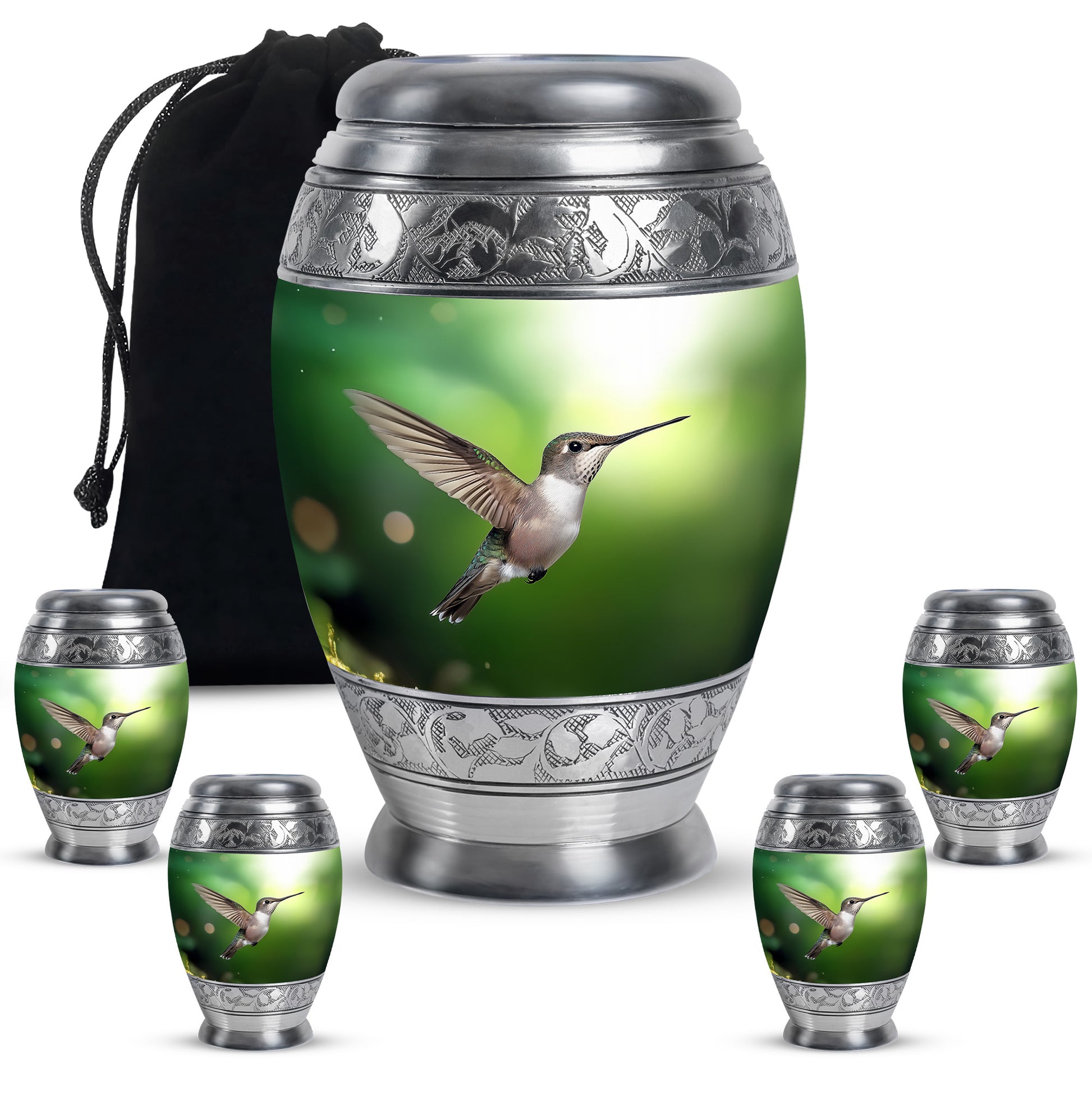 Verdant Green Hummingbird Cremation Urn detail view - ornate monarch-style hummingbird relief on brushed aluminum - memorial set with one large and four small urns