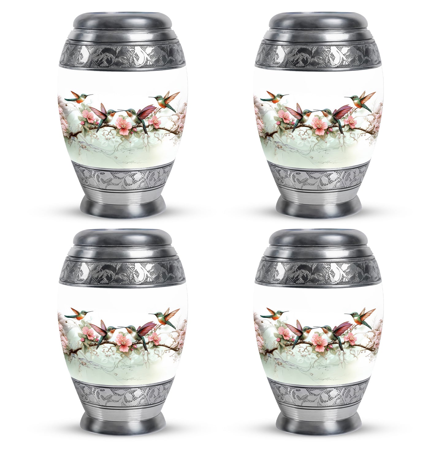 Polished Silver Hummingbird Cremation Urn urn with complimentary velvet bag - majestic hummingbird pattern with filigree border - 10 inch aluminum urn for cremated remains