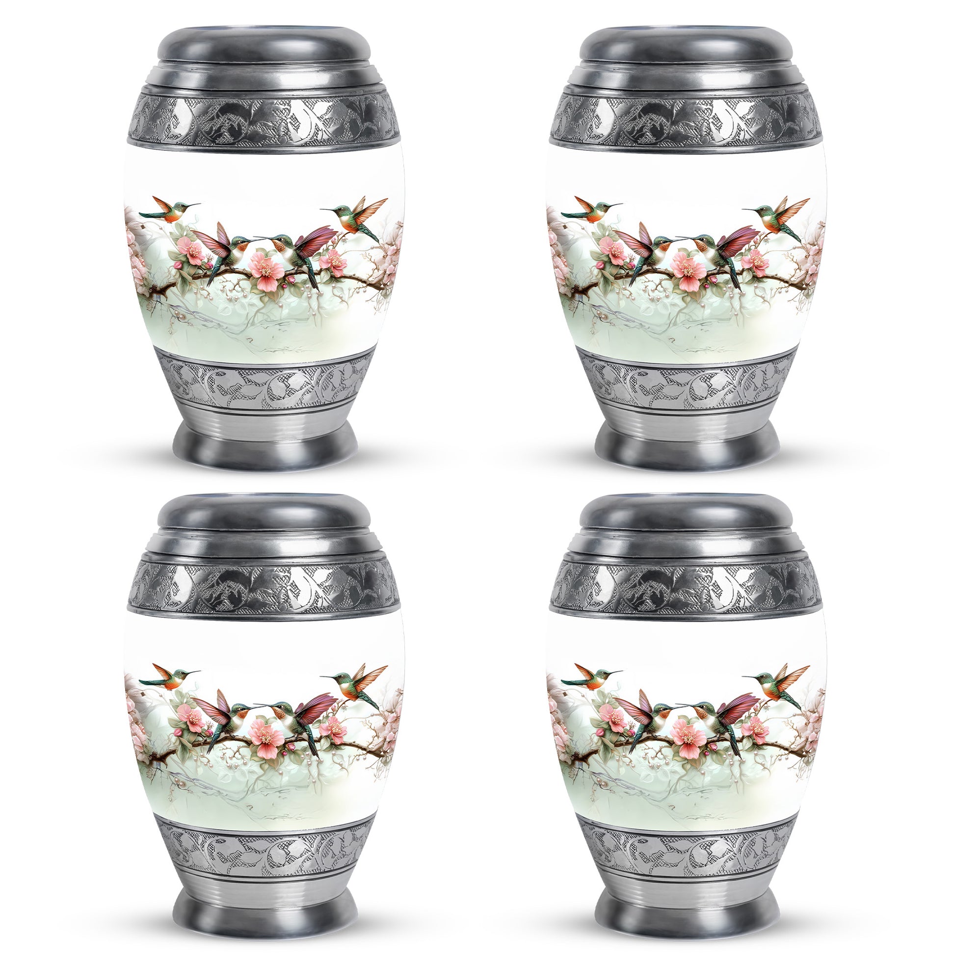Polished Silver Hummingbird Cremation Urn urn with complimentary velvet bag - majestic hummingbird pattern with filigree border - 10 inch aluminum urn for cremated remains