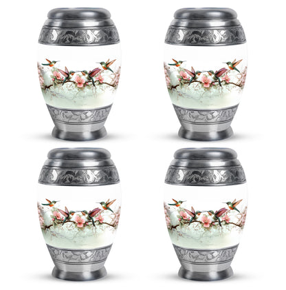 Polished Silver Hummingbird Cremation Urn urn with complimentary velvet bag - majestic hummingbird pattern with filigree border - 10 inch aluminum urn for cremated remains