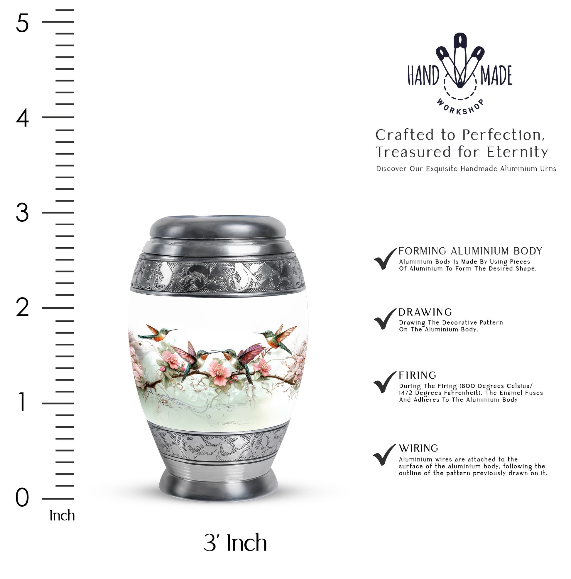 Chrome Silver Hummingbird Cremation Urn lifestyle display on memorial shelf - royal hummingbird engraving with decorative scrollwork - mini keepsake memorial for portion of cremation ashes