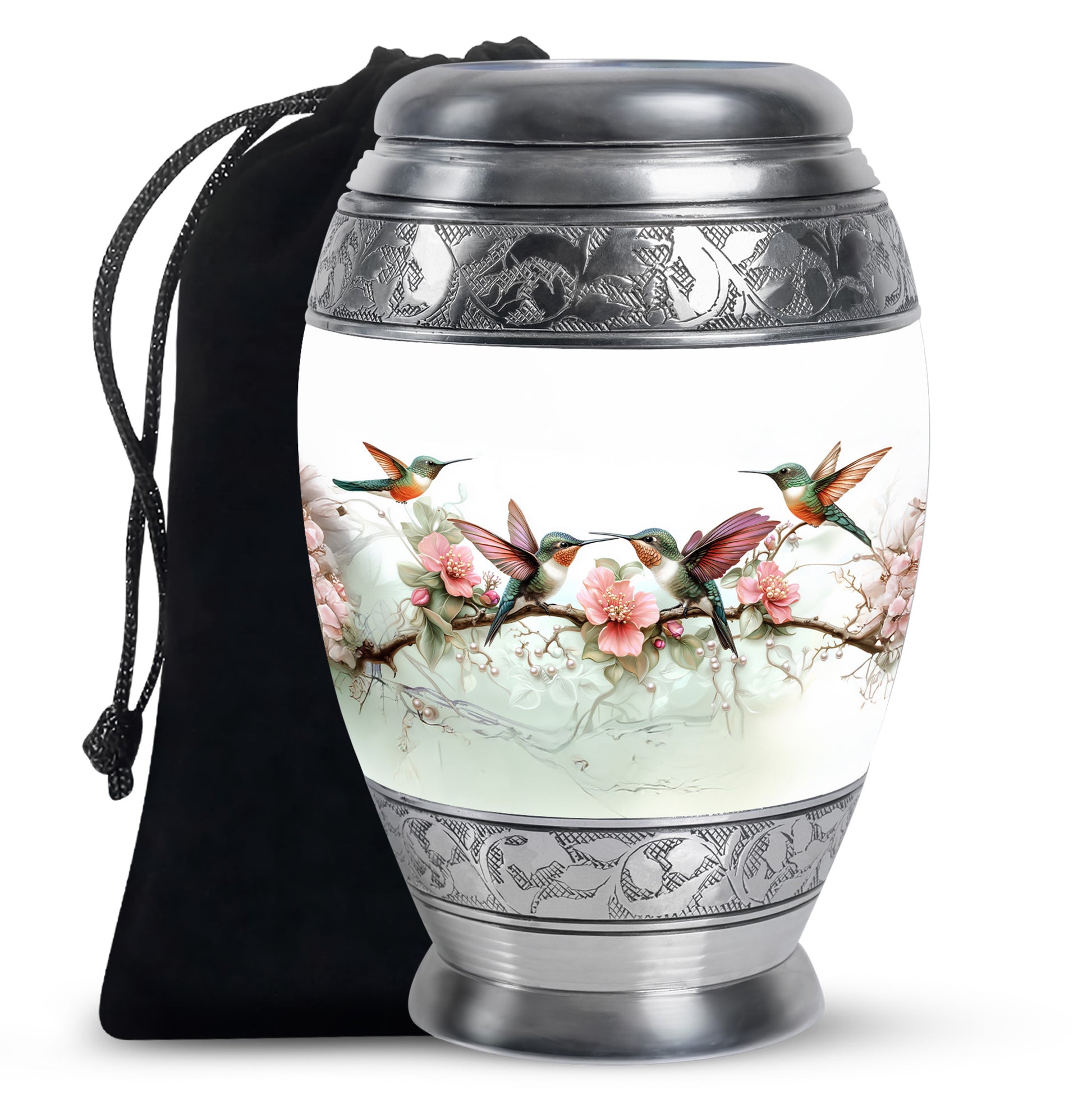 Antique Silver Hummingbird Cremation Urn back view with polished surface - majestic hummingbird pattern with filigree border - full-size 10 inch 200 cubic inch adult cremation urn