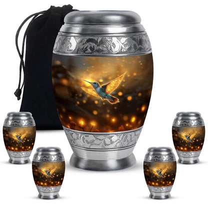 Sunrise Gold Hummingbird Cremation Urn detail view - regal hummingbird design with crown-inspired accents - memorial set with one large and four small urns