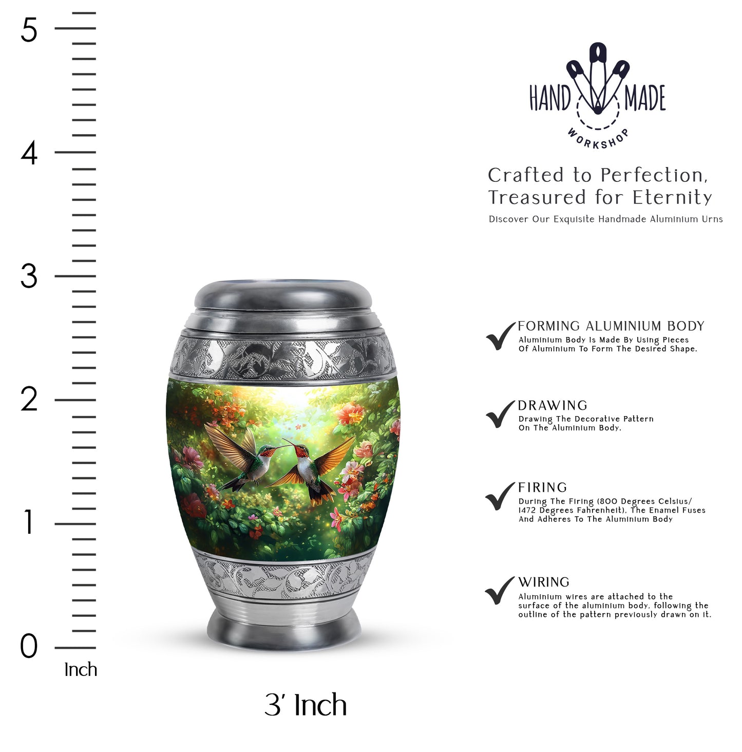 Marigold Yellow Hummingbird Cremation Urn lifestyle display on memorial shelf - royal hummingbird engraving with decorative scrollwork - mini keepsake memorial for portion of cremation ashes