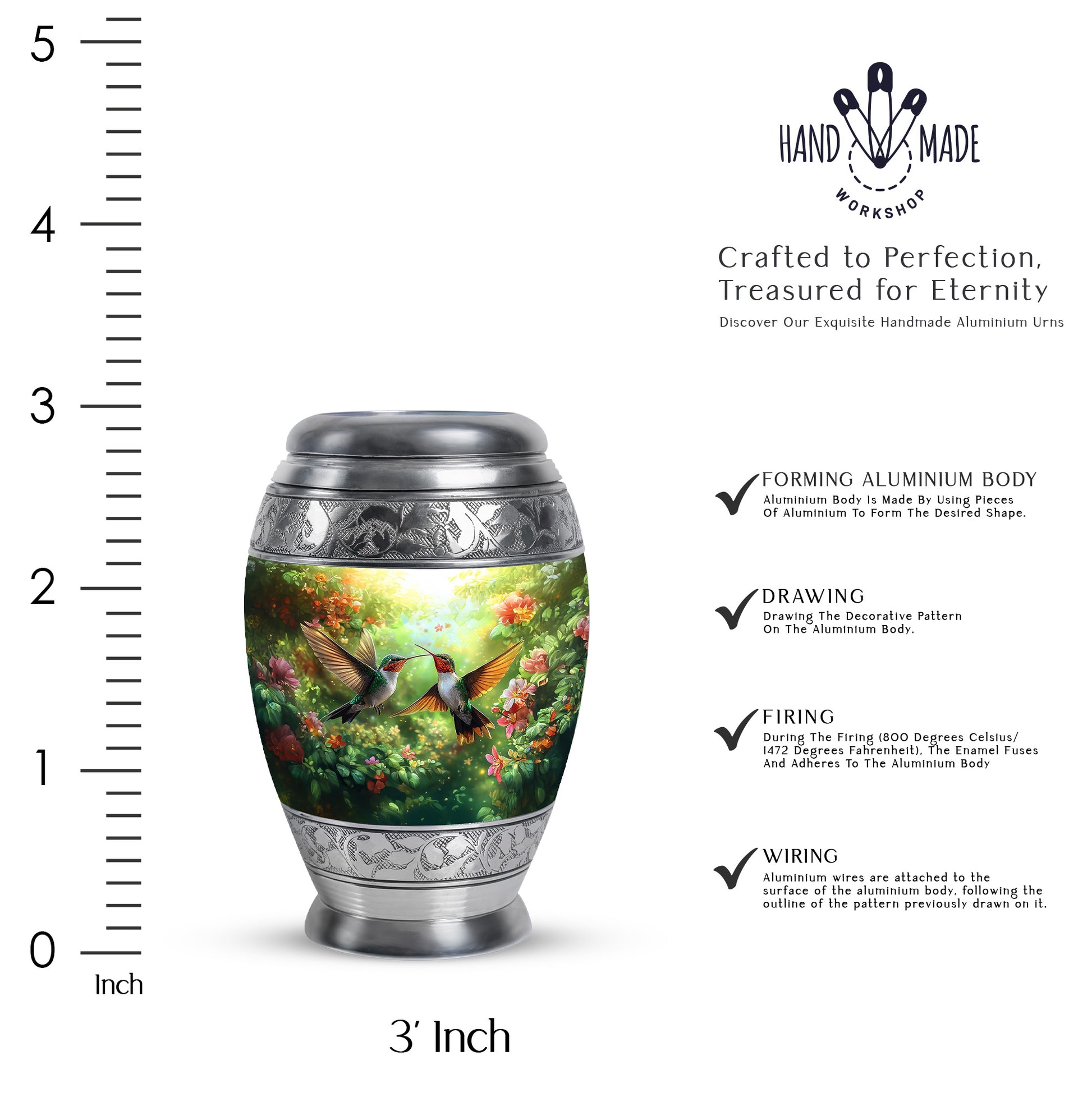 Marigold Yellow Hummingbird Cremation Urn lifestyle display on memorial shelf - royal hummingbird engraving with decorative scrollwork - mini keepsake memorial for portion of cremation ashes