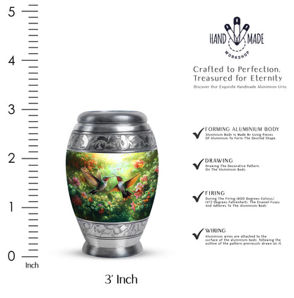 Marigold Yellow Hummingbird Cremation Urn lifestyle display on memorial shelf - royal hummingbird engraving with decorative scrollwork - mini keepsake memorial for portion of cremation ashes
