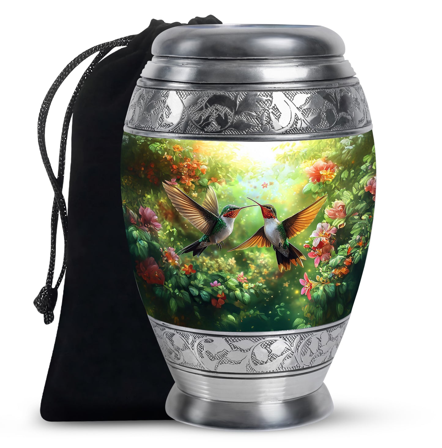 Buttercup Yellow Hummingbird Cremation Urn back view with polished surface - regal hummingbird design with crown-inspired accents - full-size 10 inch 200 cubic inch adult cremation urn
