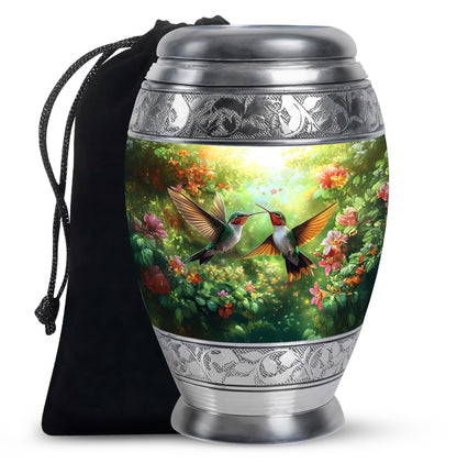 Buttercup Yellow Hummingbird Cremation Urn back view with polished surface - regal hummingbird design with crown-inspired accents - full-size 10 inch 200 cubic inch adult cremation urn