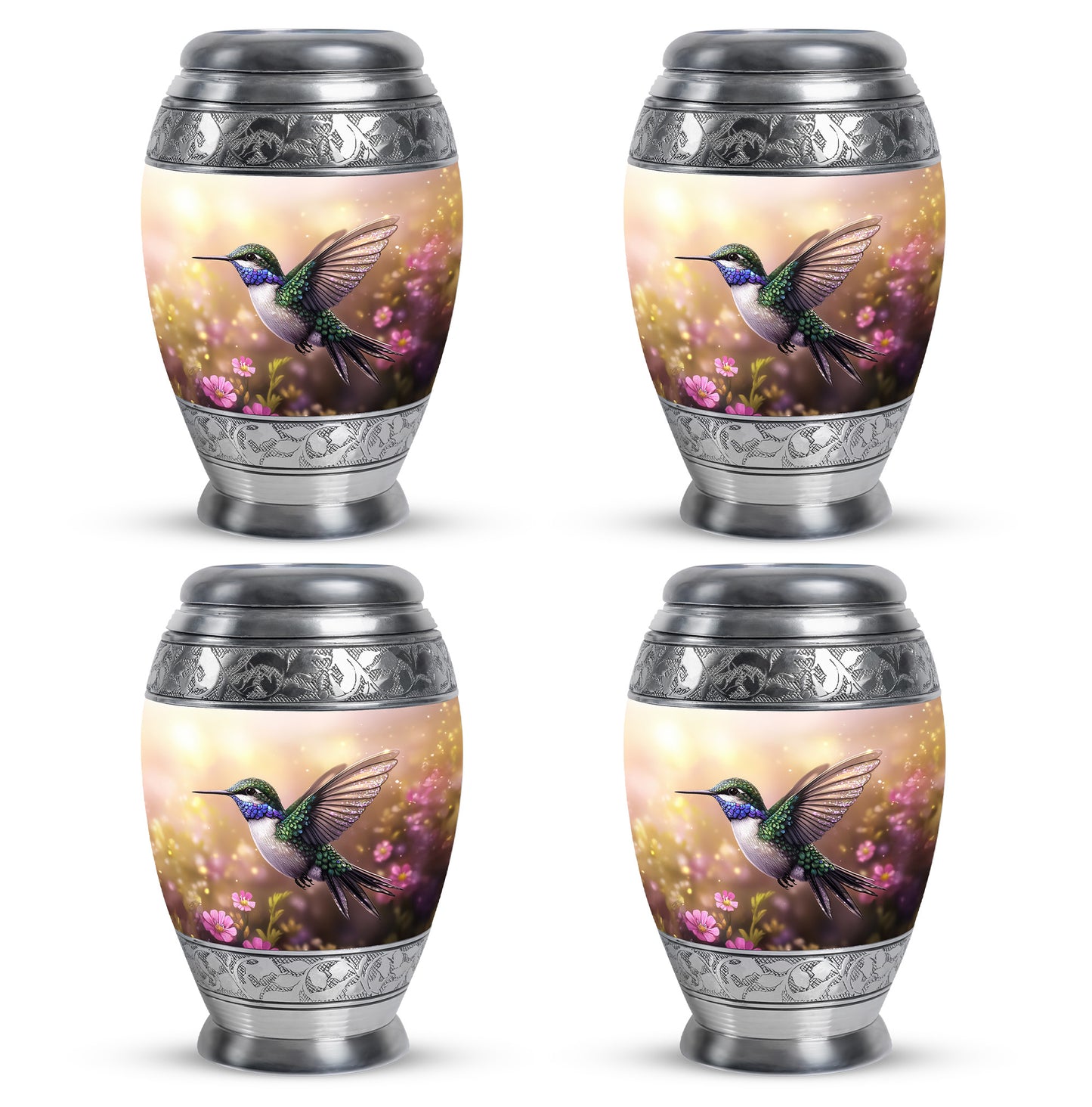Warm Gold Hummingbird Cremation Urn urn with complimentary velvet bag - royal hummingbird engraving with decorative scrollwork - 10 inch aluminum urn for cremated remains