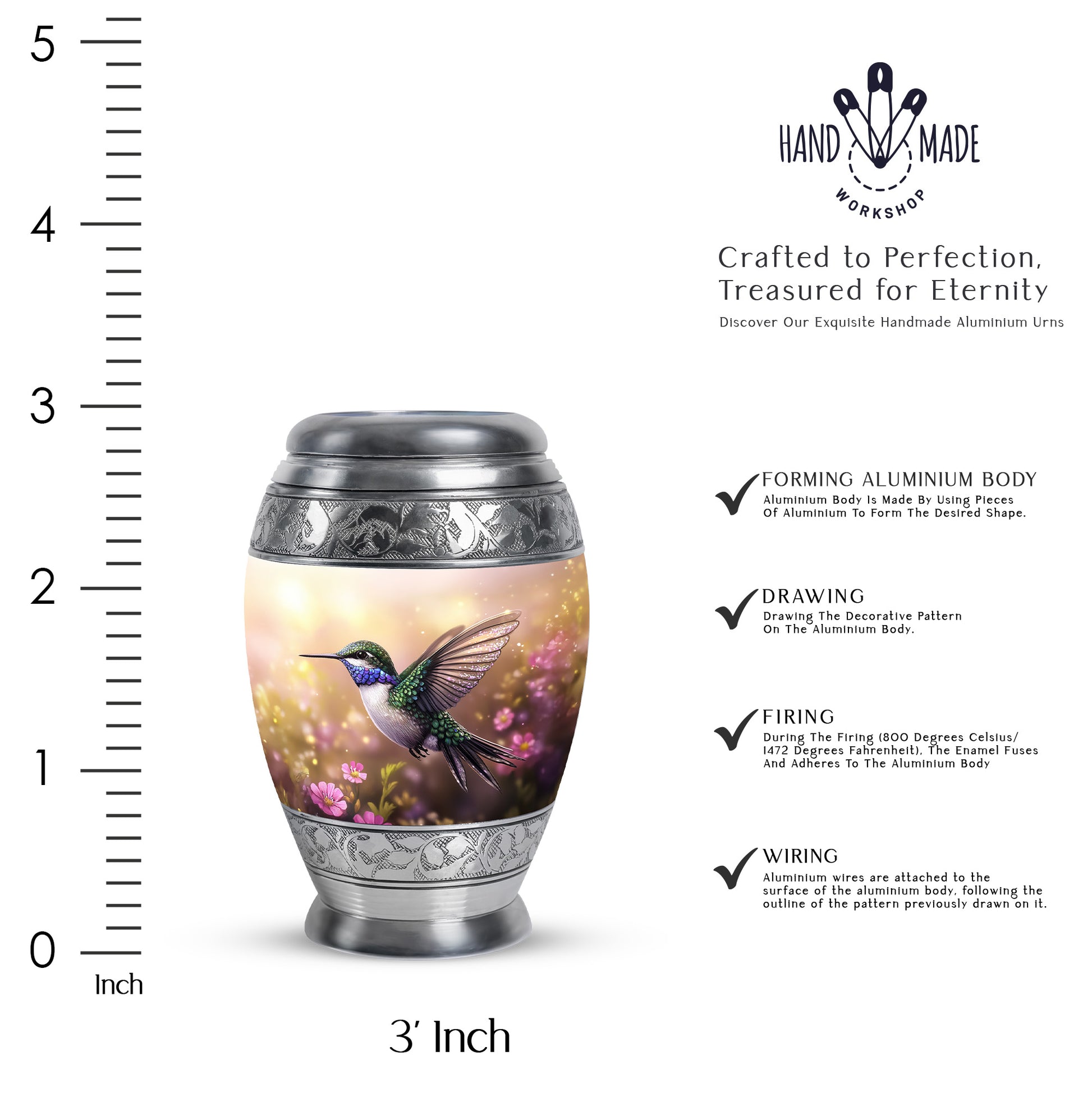 Antique Gold Hummingbird Cremation Urn lifestyle display on memorial shelf - regal hummingbird design with crown-inspired accents - mini keepsake memorial for portion of cremation ashes