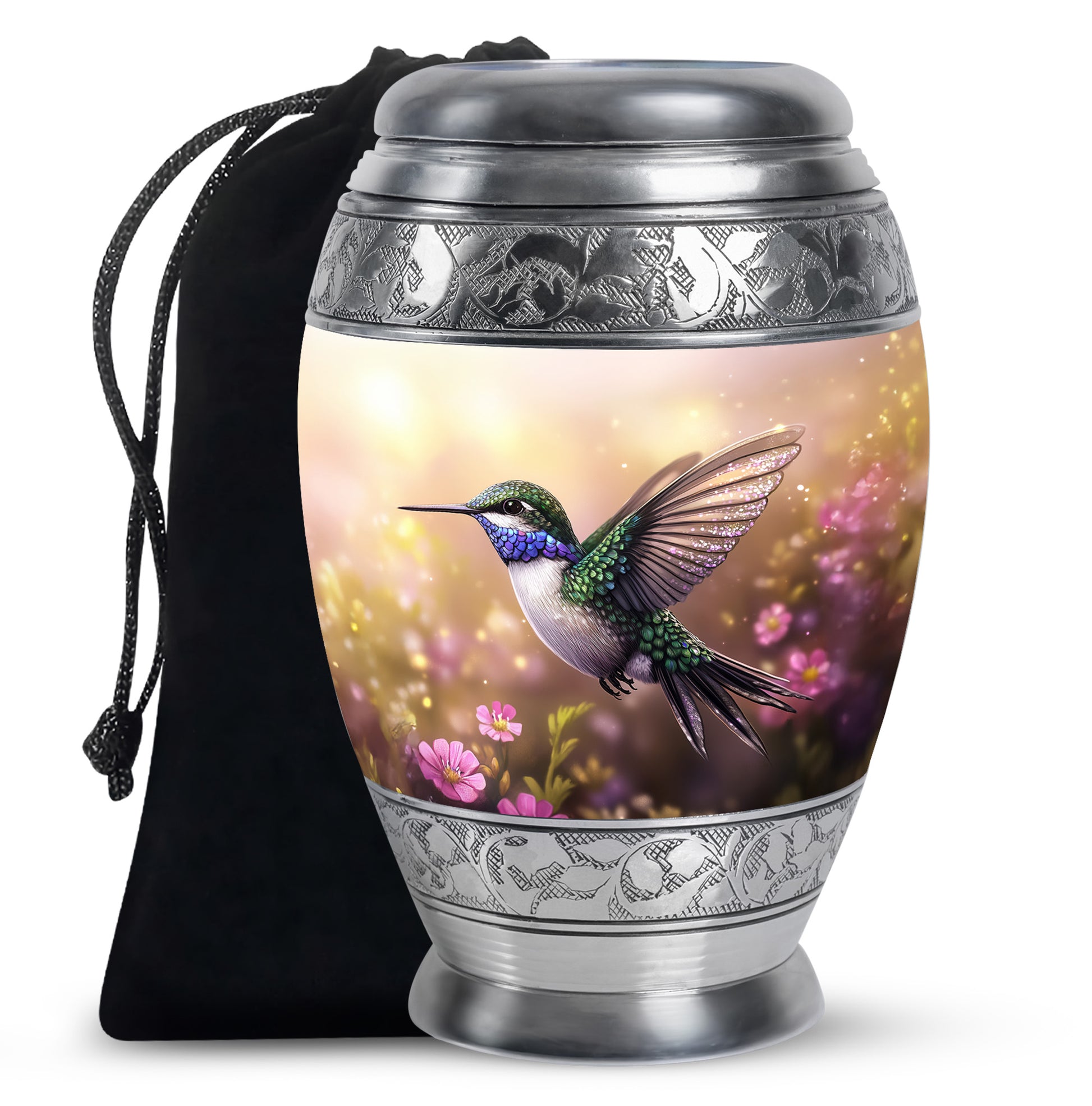 Matte Gold Hummingbird Cremation Urn back view with polished surface - majestic hummingbird pattern with filigree border - full-size 10 inch 200 cubic inch adult cremation urn