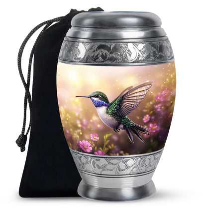 Matte Gold Hummingbird Cremation Urn back view with polished surface - majestic hummingbird pattern with filigree border - full-size 10 inch 200 cubic inch adult cremation urn
