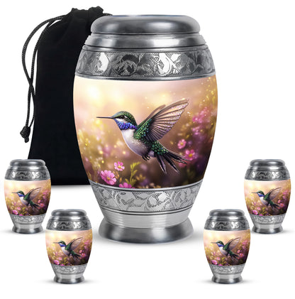 Harvest Gold Hummingbird Cremation Urn detail view - royal hummingbird engraving with decorative scrollwork - memorial set with one large and four small urns