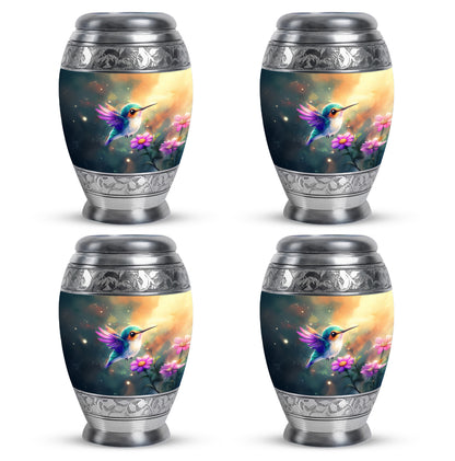 Vivid Teal Hummingbird Cremation Urn urn with complimentary velvet bag - royal hummingbird engraving with decorative scrollwork - 10 inch aluminum urn for cremated remains
