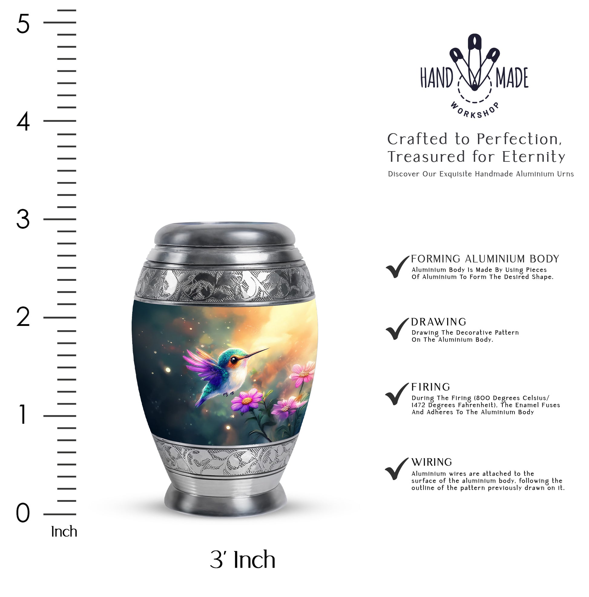 Aqua Teal Hummingbird Cremation Urn lifestyle display on memorial shelf - majestic hummingbird pattern with filigree border - mini keepsake memorial for portion of cremation ashes