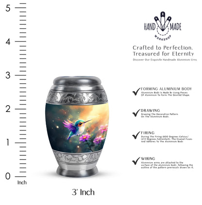 Aqua Teal Hummingbird Cremation Urn lifestyle display on memorial shelf - majestic hummingbird pattern with filigree border - mini keepsake memorial for portion of cremation ashes