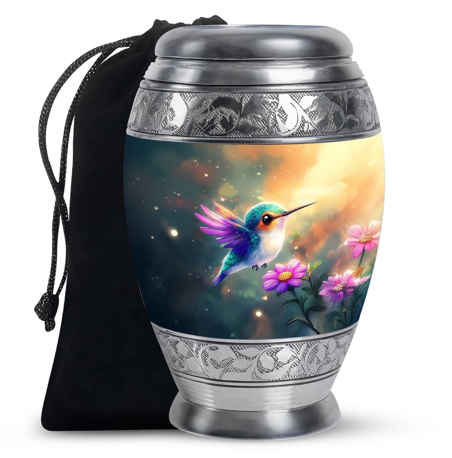 Deep Teal Hummingbird Cremation Urn back view with polished surface - majestic hummingbird pattern with filigree border - full-size 10 inch 200 cubic inch adult cremation urn