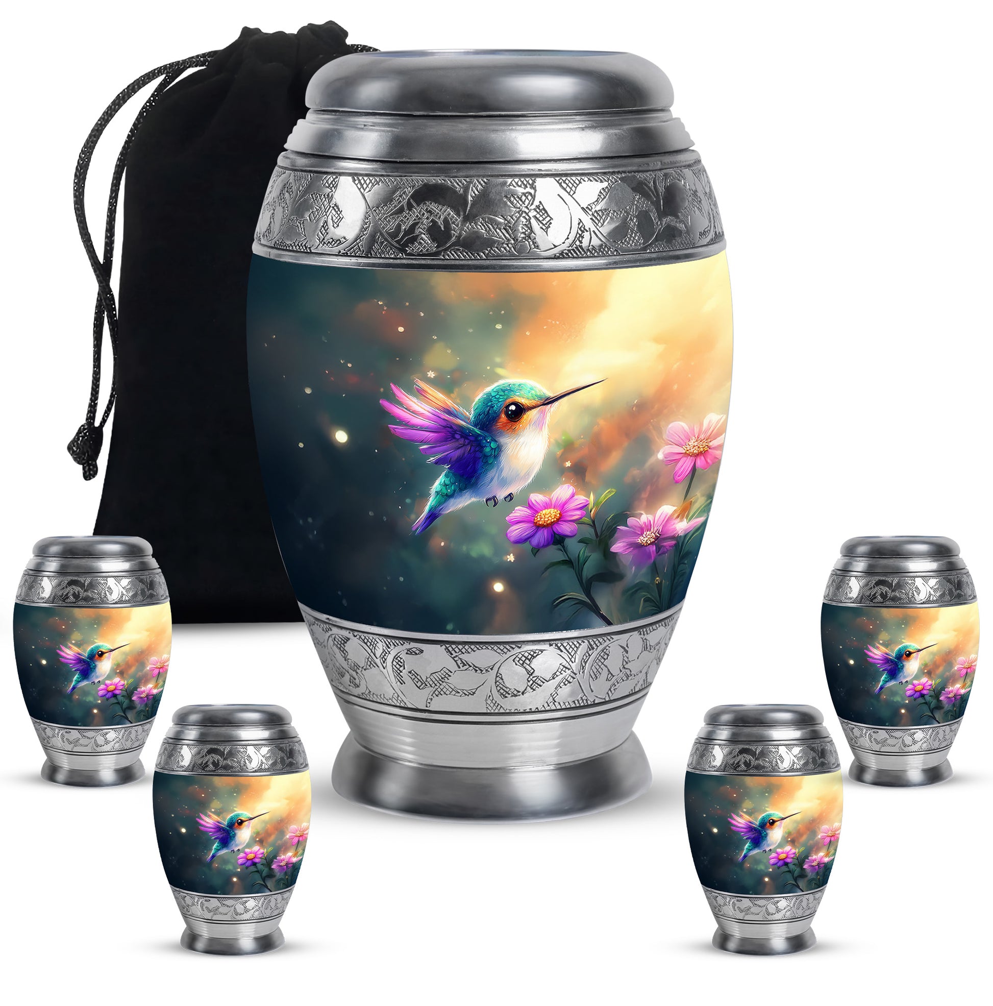 Mystic Teal Hummingbird Cremation Urn detail view - royal hummingbird engraving with decorative scrollwork - memorial set with one large and four small urns
