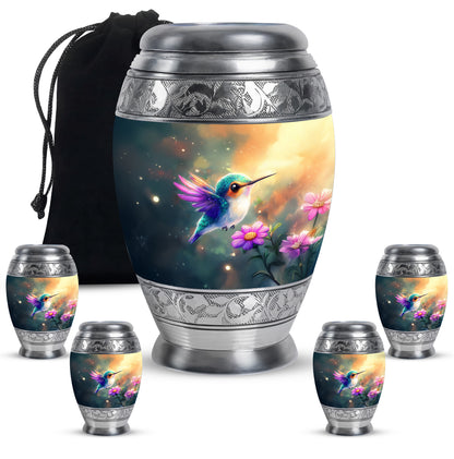 Mystic Teal Hummingbird Cremation Urn detail view - royal hummingbird engraving with decorative scrollwork - memorial set with one large and four small urns