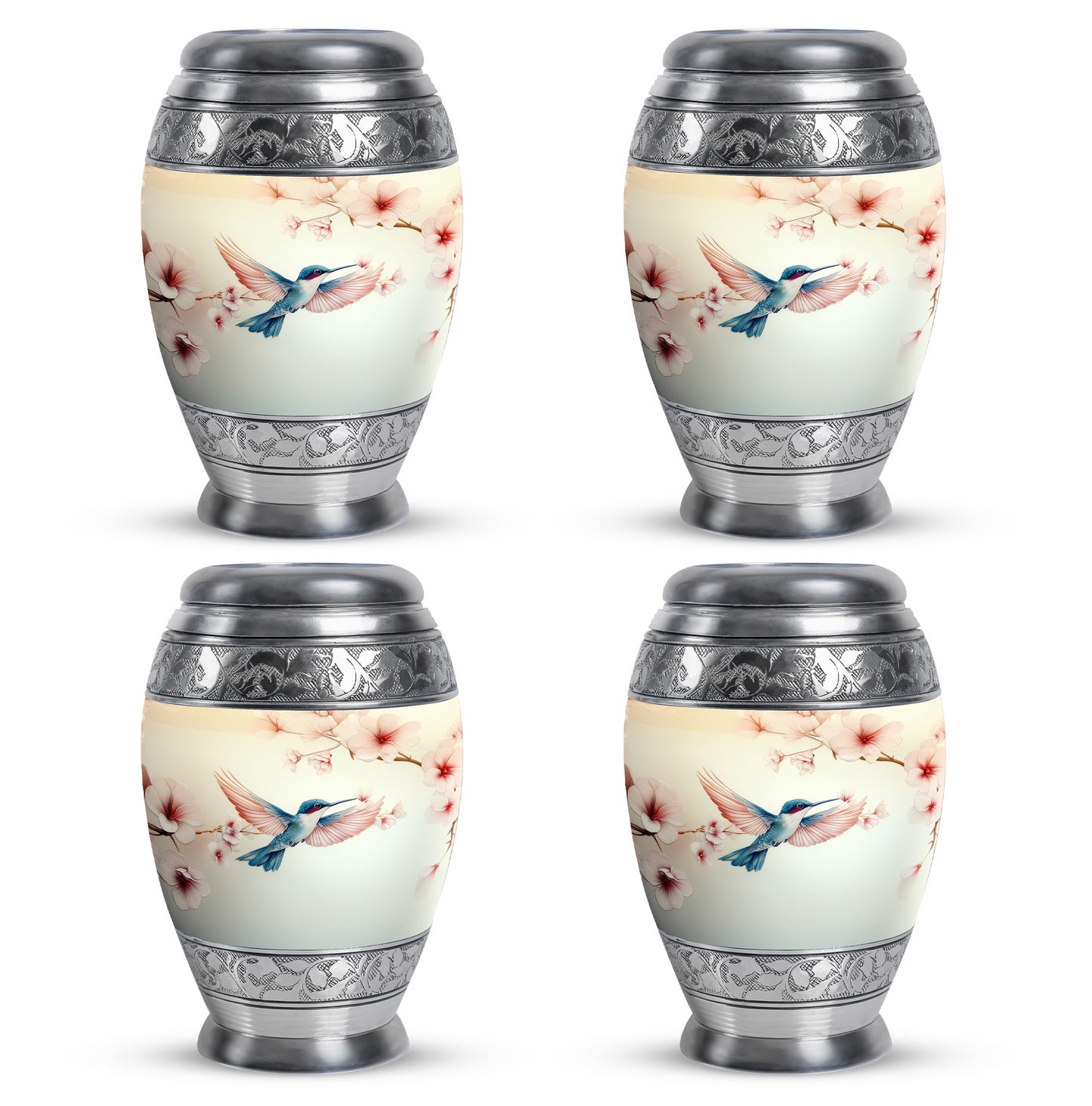 Porcelain White Hummingbird Cremation Urn urn with complimentary velvet bag - royal hummingbird engraving with decorative scrollwork - 10 inch aluminum urn for cremated remains