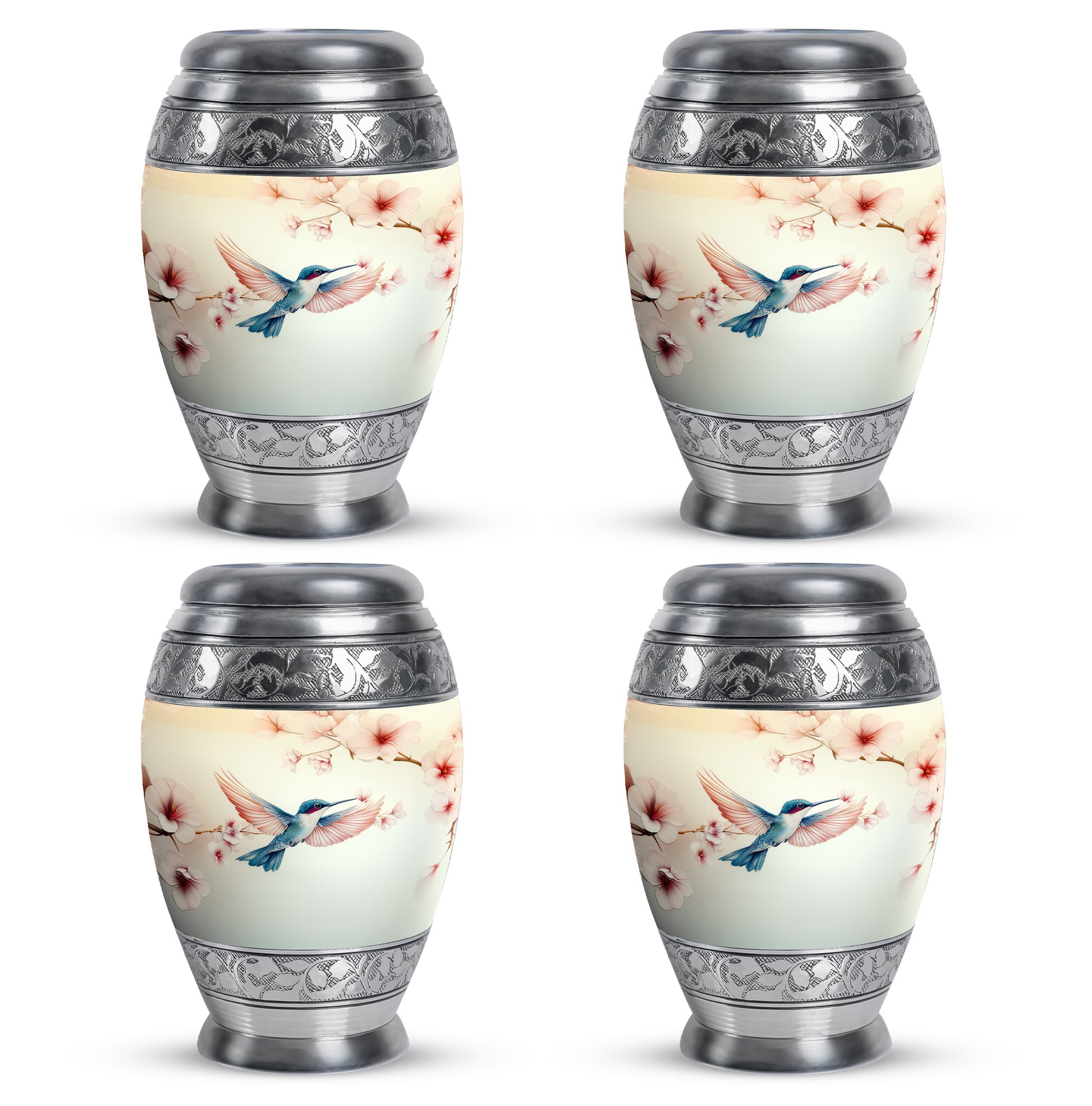 Porcelain White Hummingbird Cremation Urn urn with complimentary velvet bag - royal hummingbird engraving with decorative scrollwork - 10 inch aluminum urn for cremated remains