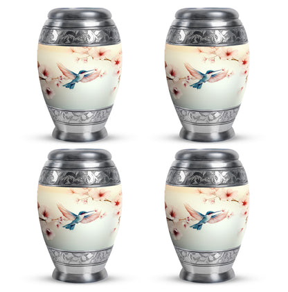 Porcelain White Hummingbird Cremation Urn urn with complimentary velvet bag - royal hummingbird engraving with decorative scrollwork - 10 inch aluminum urn for cremated remains