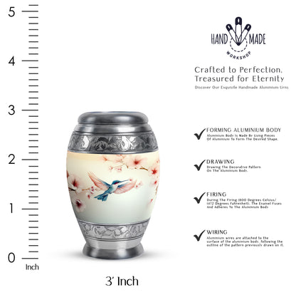 Silk White Hummingbird Cremation Urn lifestyle display on memorial shelf - majestic hummingbird pattern with filigree border - mini keepsake memorial for portion of cremation ashes