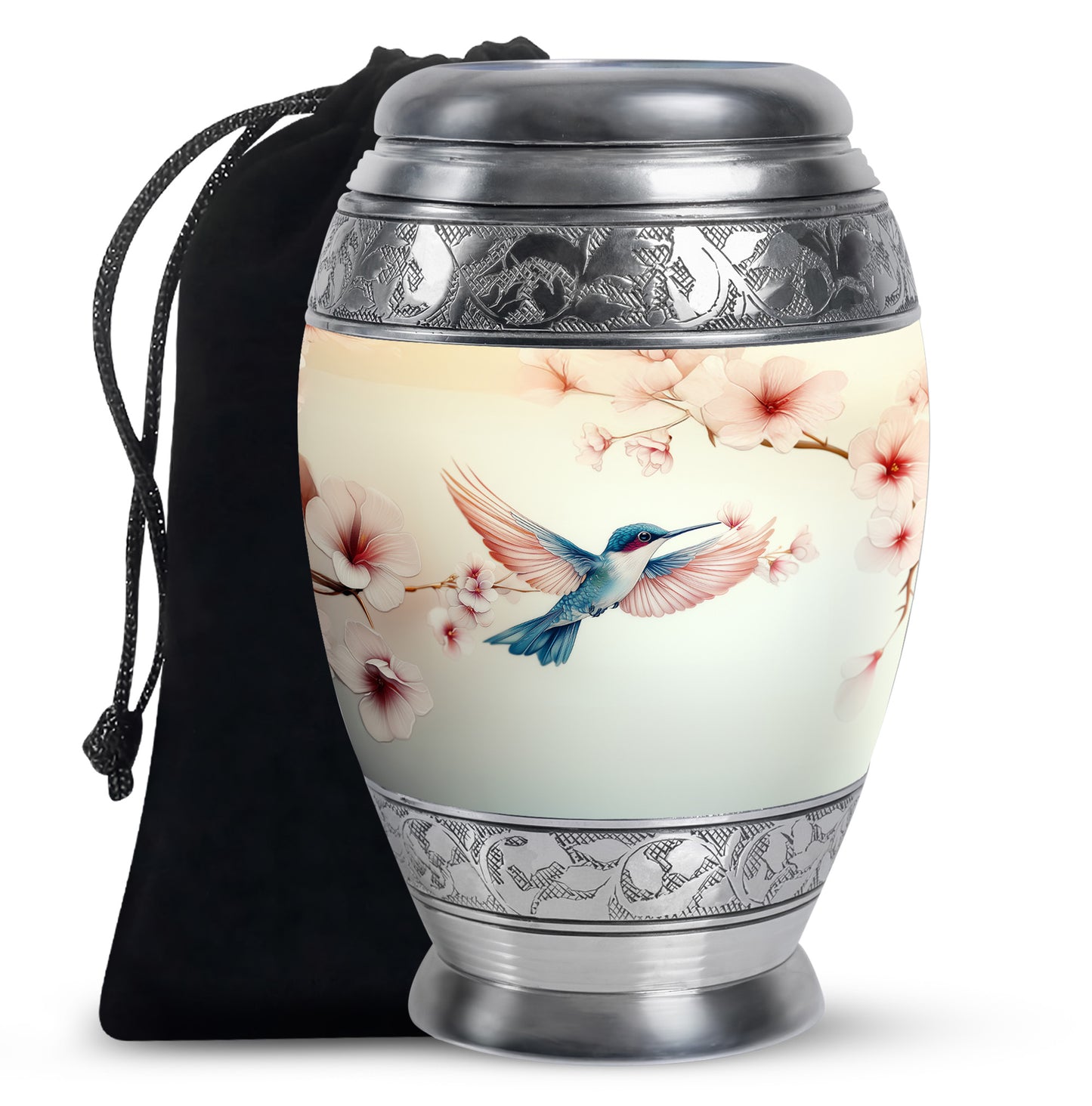Cream White Hummingbird Cremation Urn back view with polished surface - majestic hummingbird pattern with filigree border - full-size 10 inch 200 cubic inch adult cremation urn