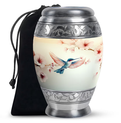 Cream White Hummingbird Cremation Urn back view with polished surface - majestic hummingbird pattern with filigree border - full-size 10 inch 200 cubic inch adult cremation urn