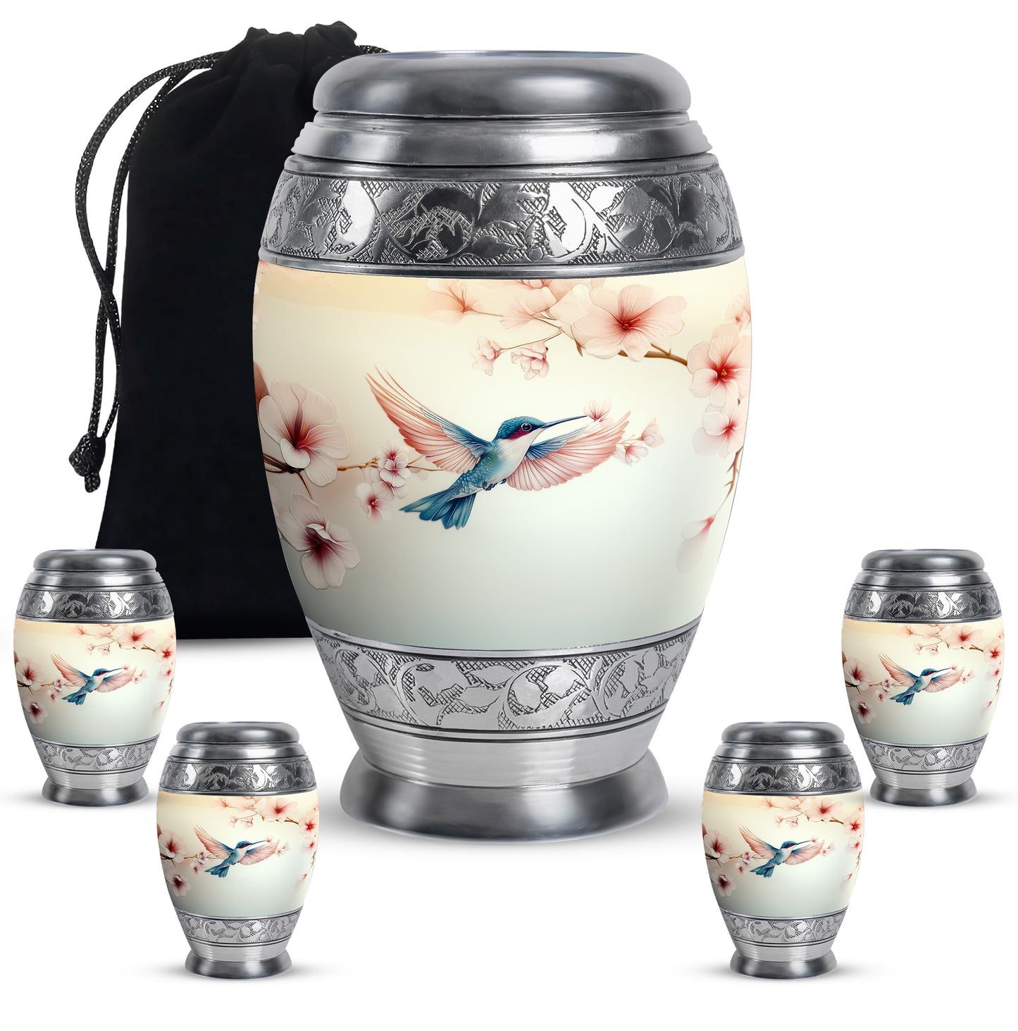 Ivory White Hummingbird Cremation Urn detail view - ornate monarch-style hummingbird relief on brushed aluminum - memorial set with one large and four small urns