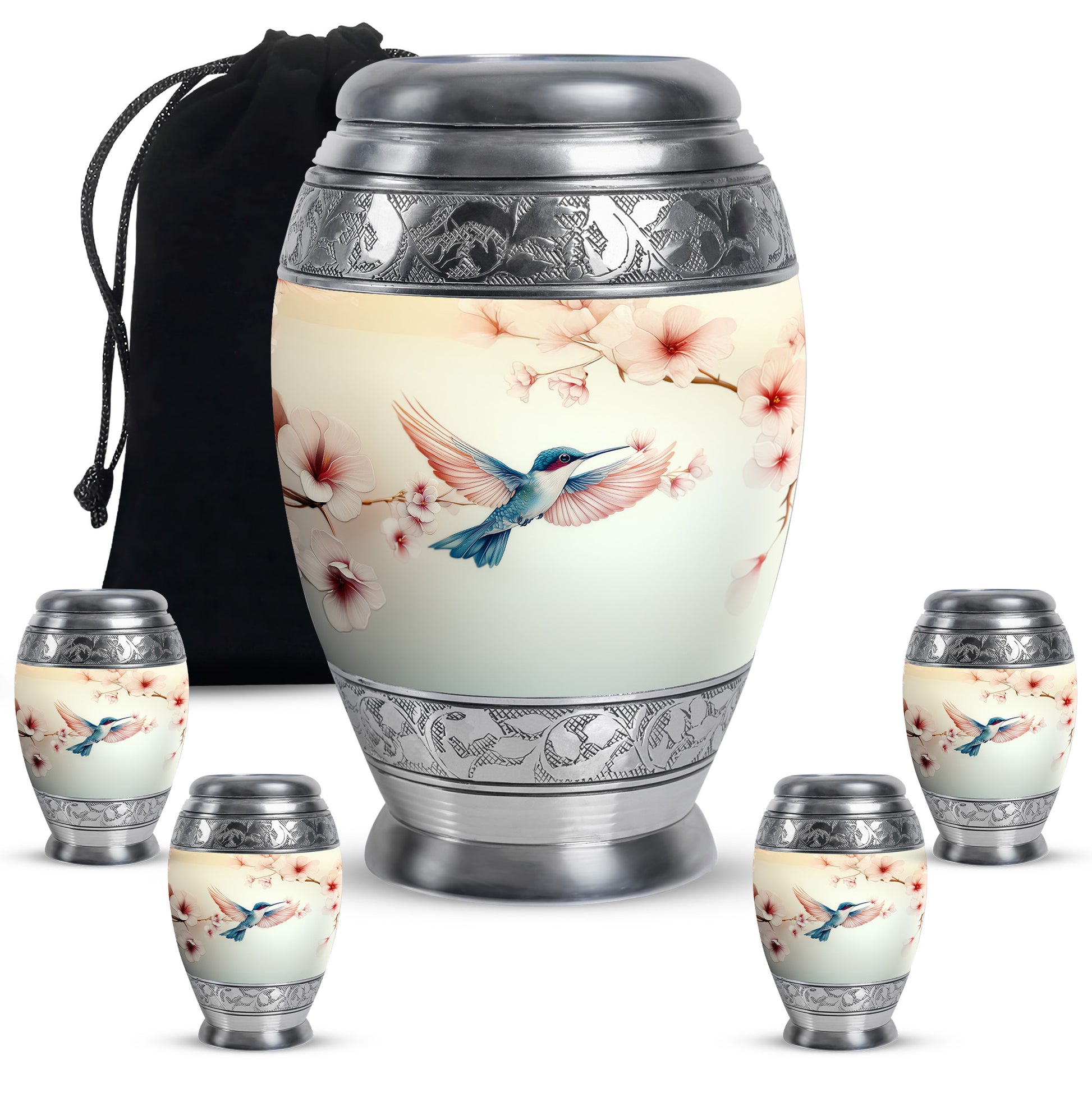 Ivory White Hummingbird Cremation Urn detail view - ornate monarch-style hummingbird relief on brushed aluminum - memorial set with one large and four small urns