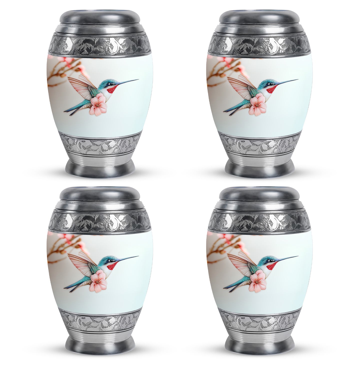 Gleaming Silver Hummingbird Cremation Urn urn with complimentary velvet bag - regal hummingbird design with crown-inspired accents - 10 inch aluminum urn for cremated remains