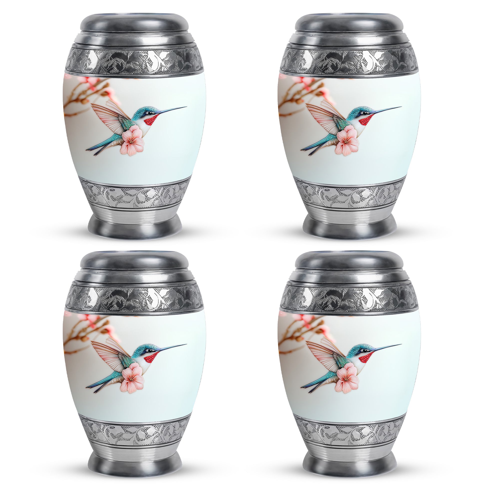 Gleaming Silver Hummingbird Cremation Urn urn with complimentary velvet bag - regal hummingbird design with crown-inspired accents - 10 inch aluminum urn for cremated remains