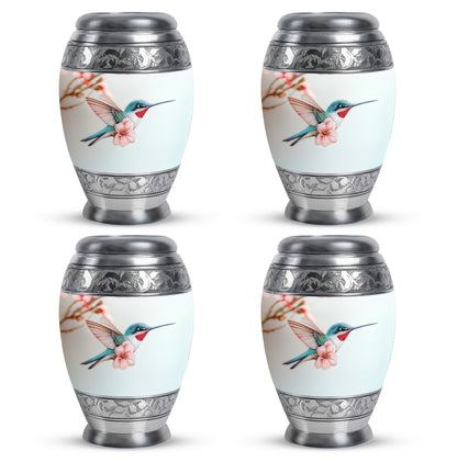 Gleaming Silver Hummingbird Cremation Urn urn with complimentary velvet bag - regal hummingbird design with crown-inspired accents - 10 inch aluminum urn for cremated remains