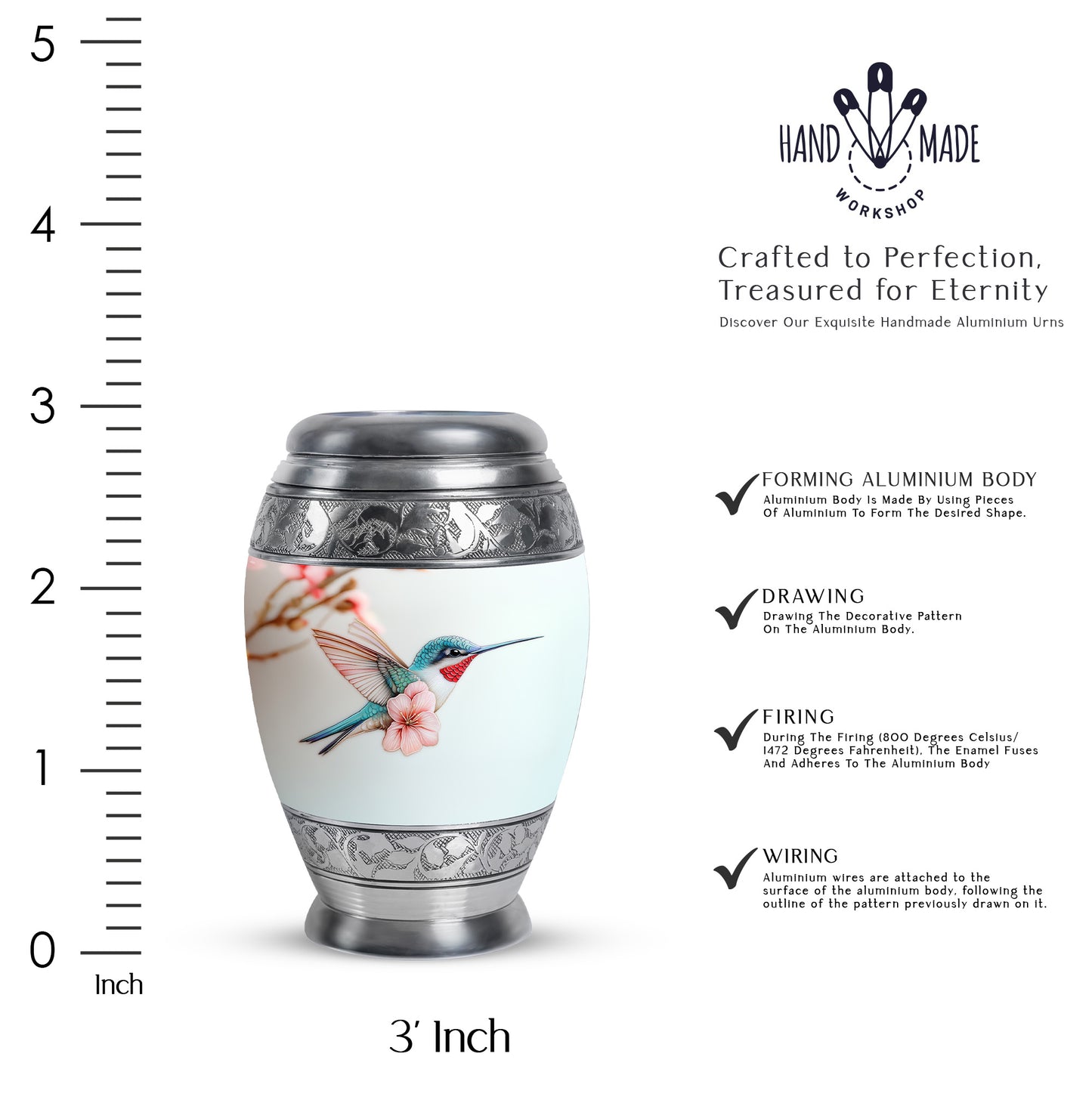 Antique Silver Hummingbird Cremation Urn lifestyle display on memorial shelf - majestic hummingbird pattern with filigree border - mini keepsake memorial for portion of cremation ashes