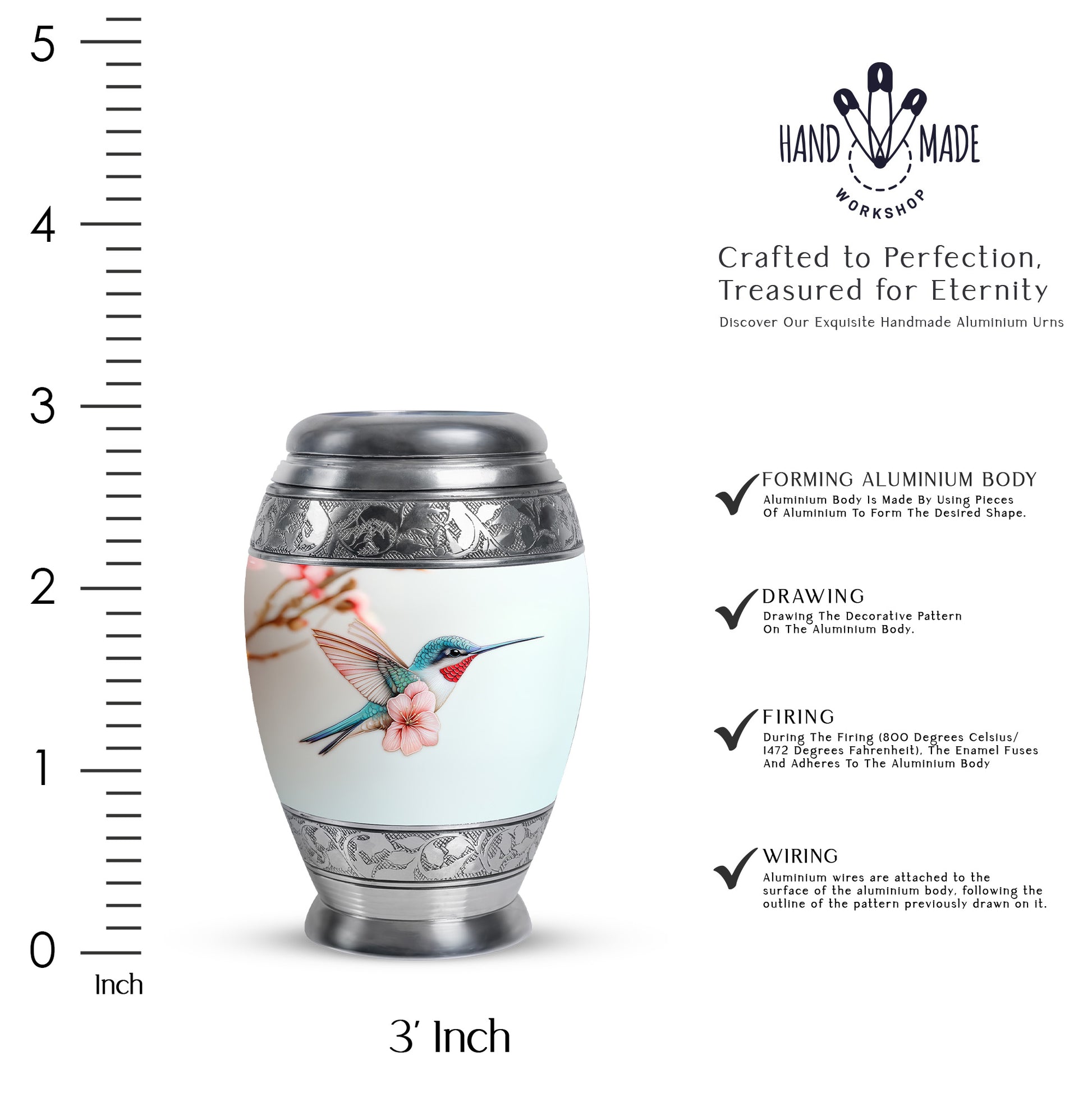 Antique Silver Hummingbird Cremation Urn lifestyle display on memorial shelf - majestic hummingbird pattern with filigree border - mini keepsake memorial for portion of cremation ashes