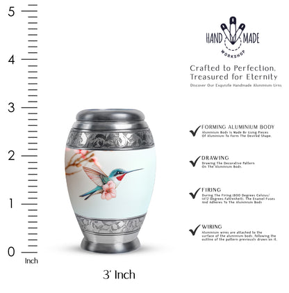 Antique Silver Hummingbird Cremation Urn lifestyle display on memorial shelf - majestic hummingbird pattern with filigree border - mini keepsake memorial for portion of cremation ashes