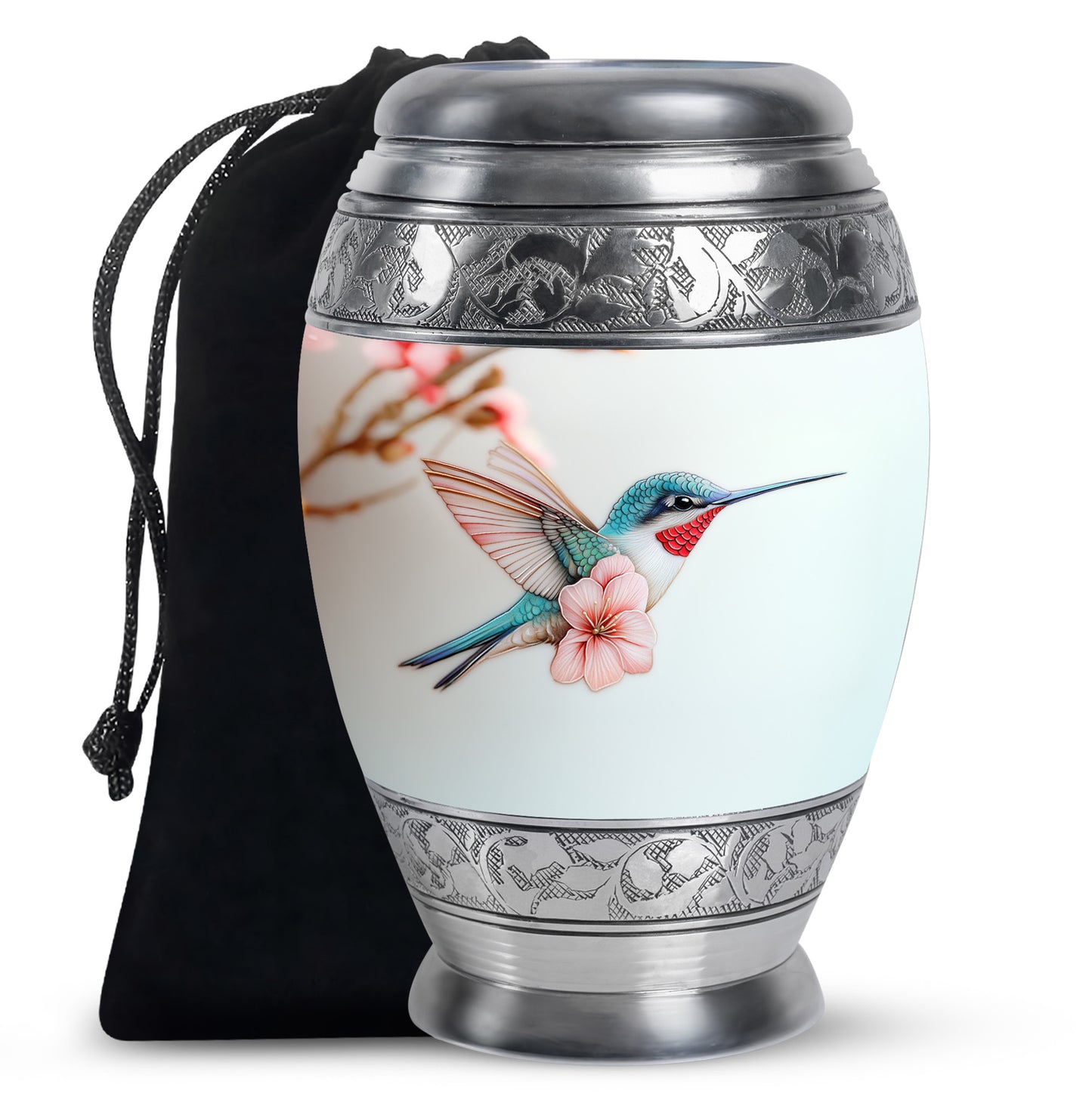 Antique Silver Hummingbird Cremation Urn back view with polished surface - majestic hummingbird pattern with filigree border - full-size 10 inch 200 cubic inch adult cremation urn