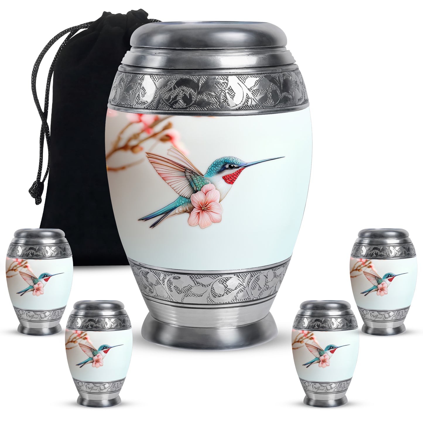 Gleaming Silver Hummingbird Cremation Urn detail view - ornate monarch-style hummingbird relief on brushed aluminum - memorial set with one large and four small urns