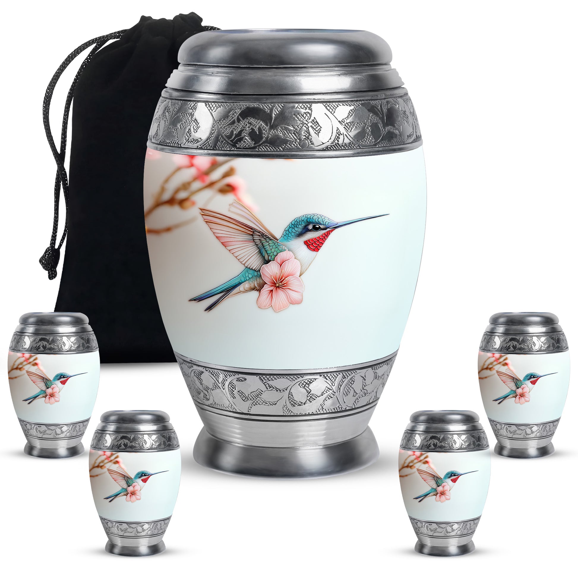 Gleaming Silver Hummingbird Cremation Urn detail view - ornate monarch-style hummingbird relief on brushed aluminum - memorial set with one large and four small urns