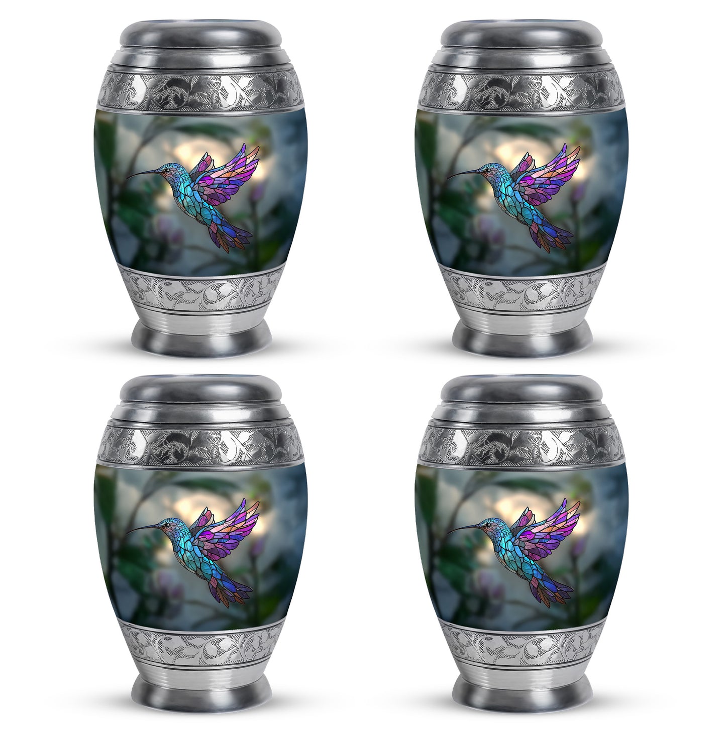 Jade Green Hummingbird Cremation Urn urn with complimentary velvet bag - ornate monarch-style hummingbird relief on brushed aluminum - 10 inch aluminum urn for cremated remains