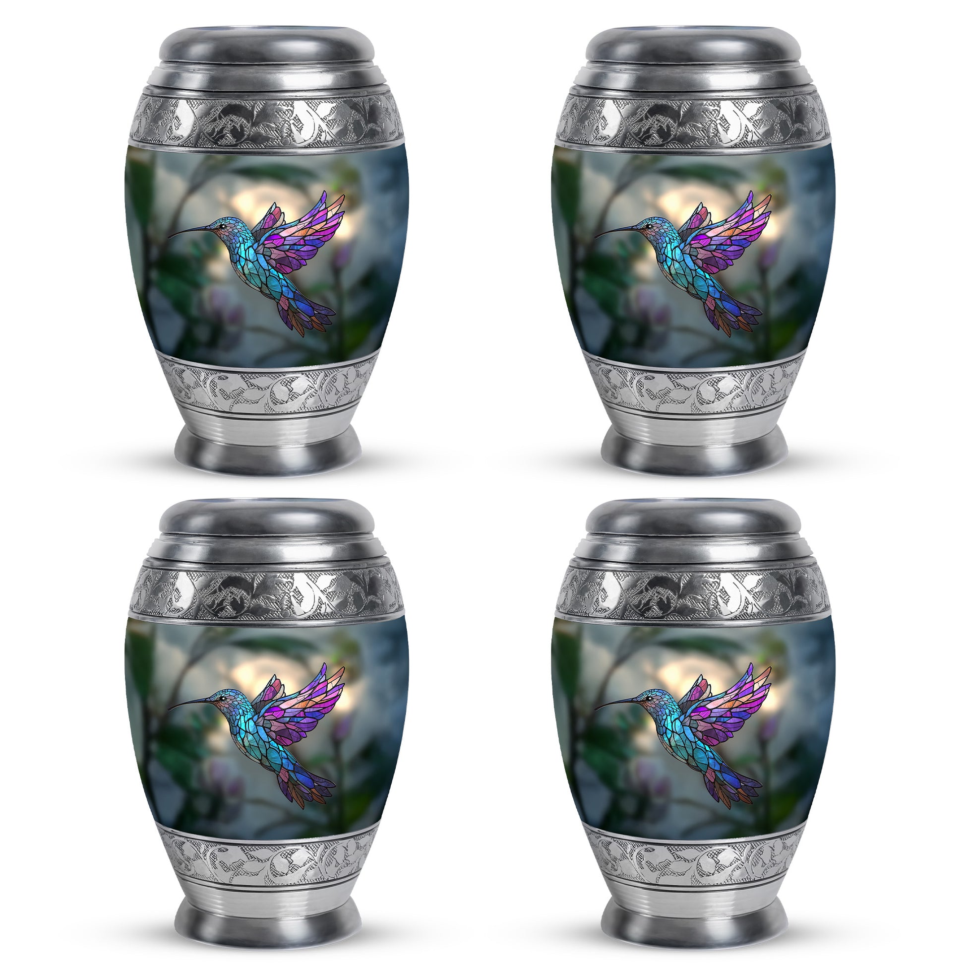 Jade Green Hummingbird Cremation Urn urn with complimentary velvet bag - ornate monarch-style hummingbird relief on brushed aluminum - 10 inch aluminum urn for cremated remains