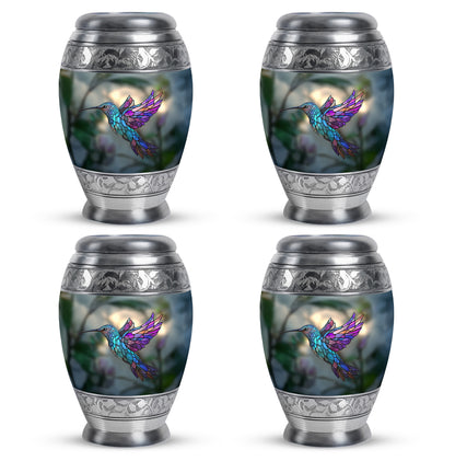 Jade Green Hummingbird Cremation Urn urn with complimentary velvet bag - ornate monarch-style hummingbird relief on brushed aluminum - 10 inch aluminum urn for cremated remains