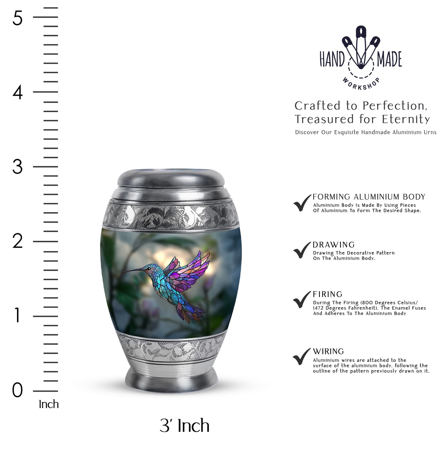 Mint Green Hummingbird Cremation Urn lifestyle display on memorial shelf - royal hummingbird engraving with decorative scrollwork - mini keepsake memorial for portion of cremation ashes