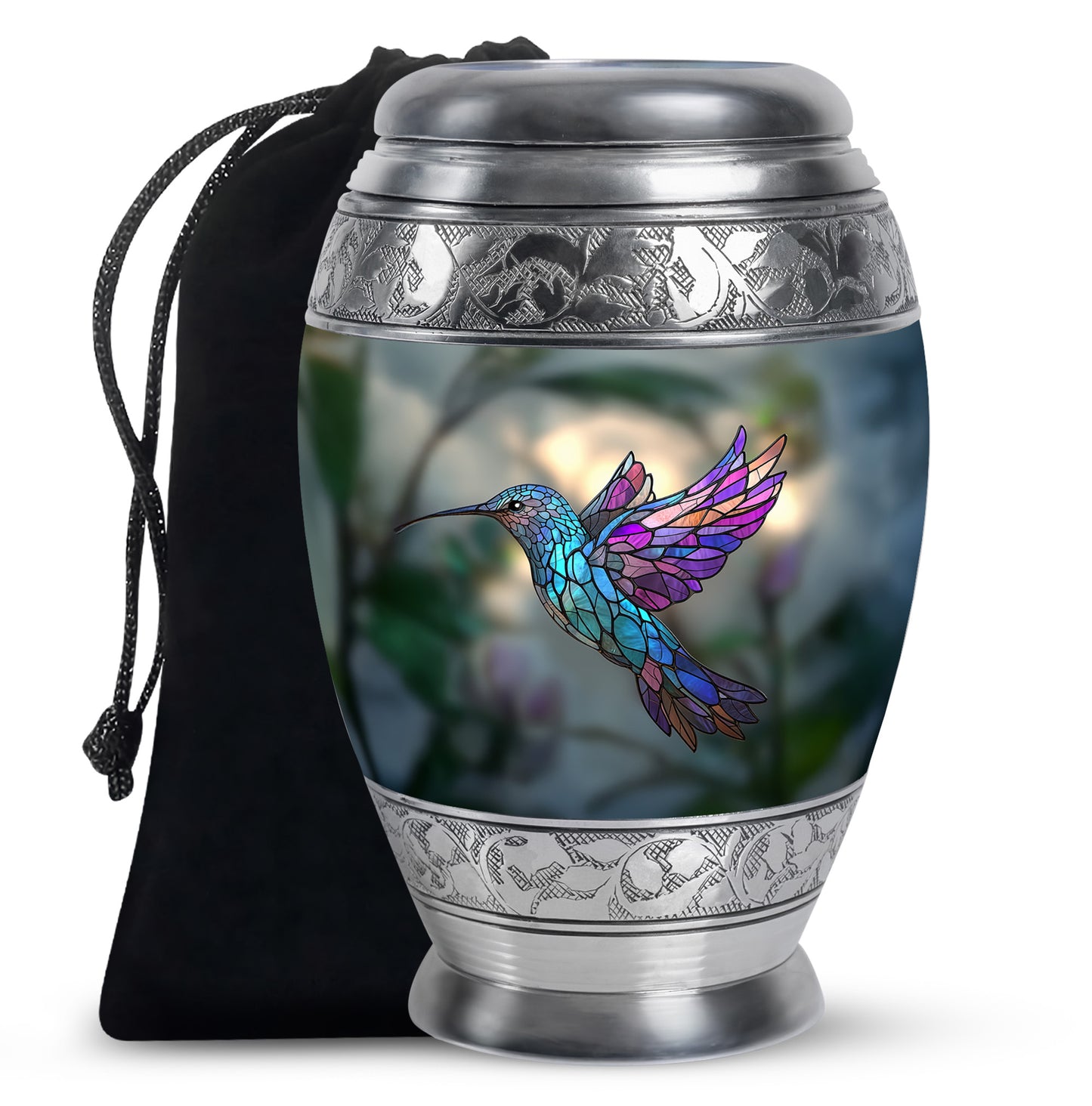 Olive Green Hummingbird Cremation Urn back view with polished surface - majestic hummingbird pattern with filigree border - full-size 10 inch 200 cubic inch adult cremation urn